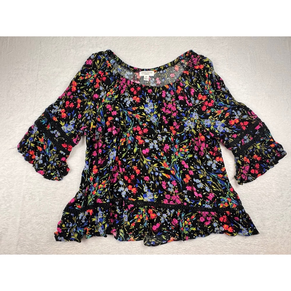 John Paul Richard Woman Floral Blouse 3X Black Multi Rayon Crochet Trim Top